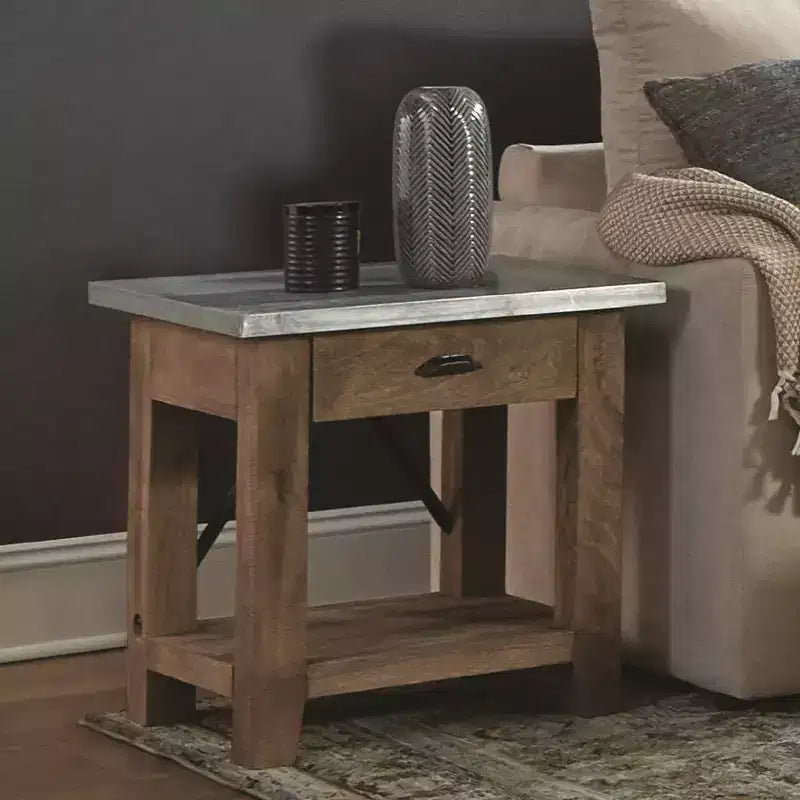 Table d'appoint en menuiserie avec tiroir : Moderne milieu de siècle, cadre en bois dur marron, plateau en métal argenté, 22" x 18" x 22"