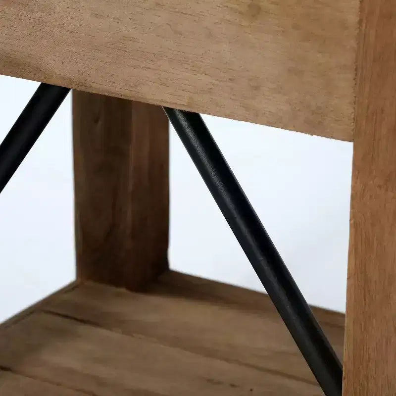 Table d'appoint en menuiserie avec tiroir : Moderne milieu de siècle, cadre en bois dur marron, plateau en métal argenté, 22" x 18" x 22"