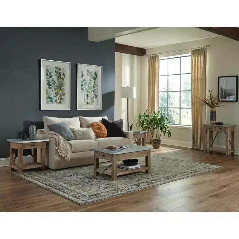 Table d'appoint en menuiserie avec tiroir : Moderne milieu de siècle, cadre en bois dur marron, plateau en métal argenté, 22" x 18" x 22"