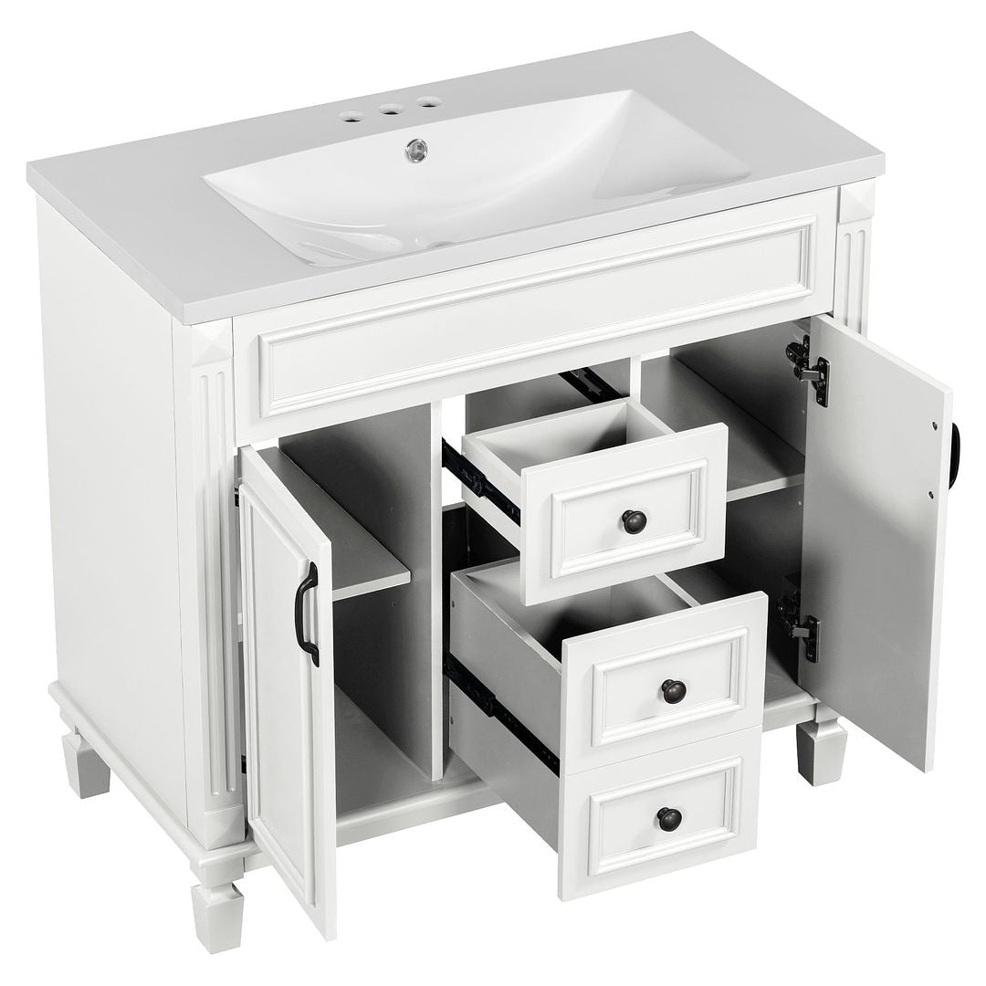 Meuble-lavabo de salle de bain moderne de 91 cm avec lavabo et armoire de toilette, 2 portes et 2 tiroirs
