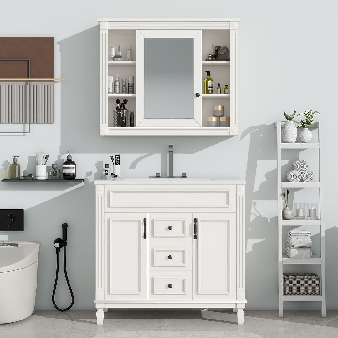 Meuble-lavabo de salle de bain moderne de 91 cm avec lavabo et armoire de toilette, 2 portes et 2 tiroirs