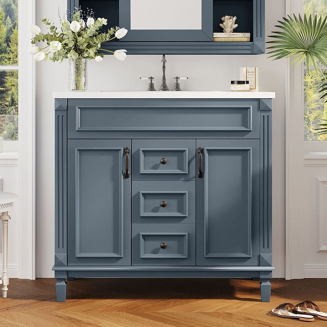 Meuble-lavabo de salle de bain moderne de 91 cm avec lavabo et armoire de toilette, 2 portes et 2 tiroirs