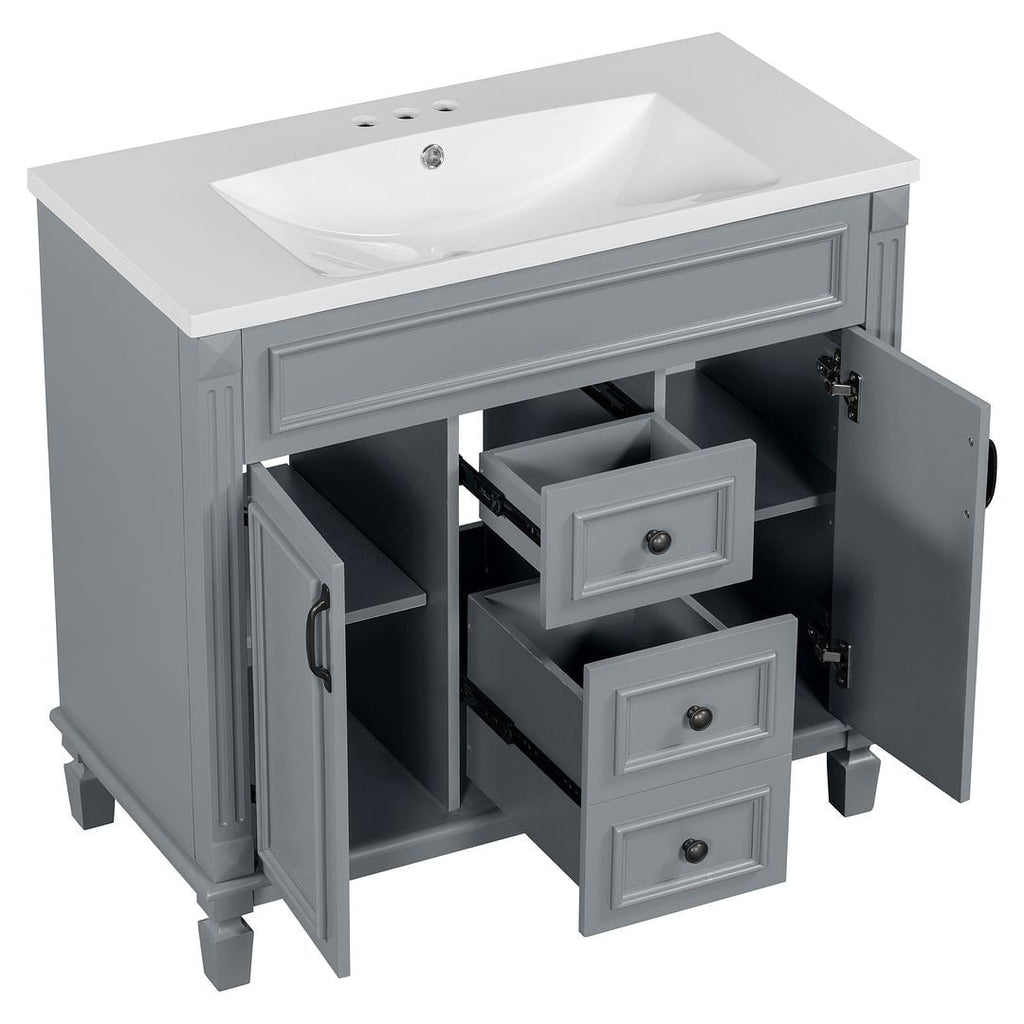 Meuble-lavabo de salle de bain moderne de 91 cm avec lavabo et armoire de toilette, 2 portes et 2 tiroirs