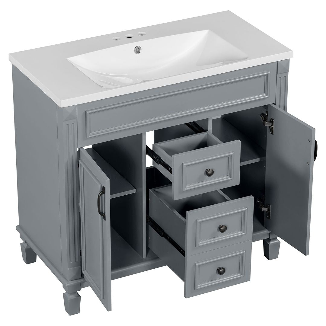Meuble-lavabo de salle de bain moderne de 91 cm avec lavabo et armoire de toilette, 2 portes et 2 tiroirs