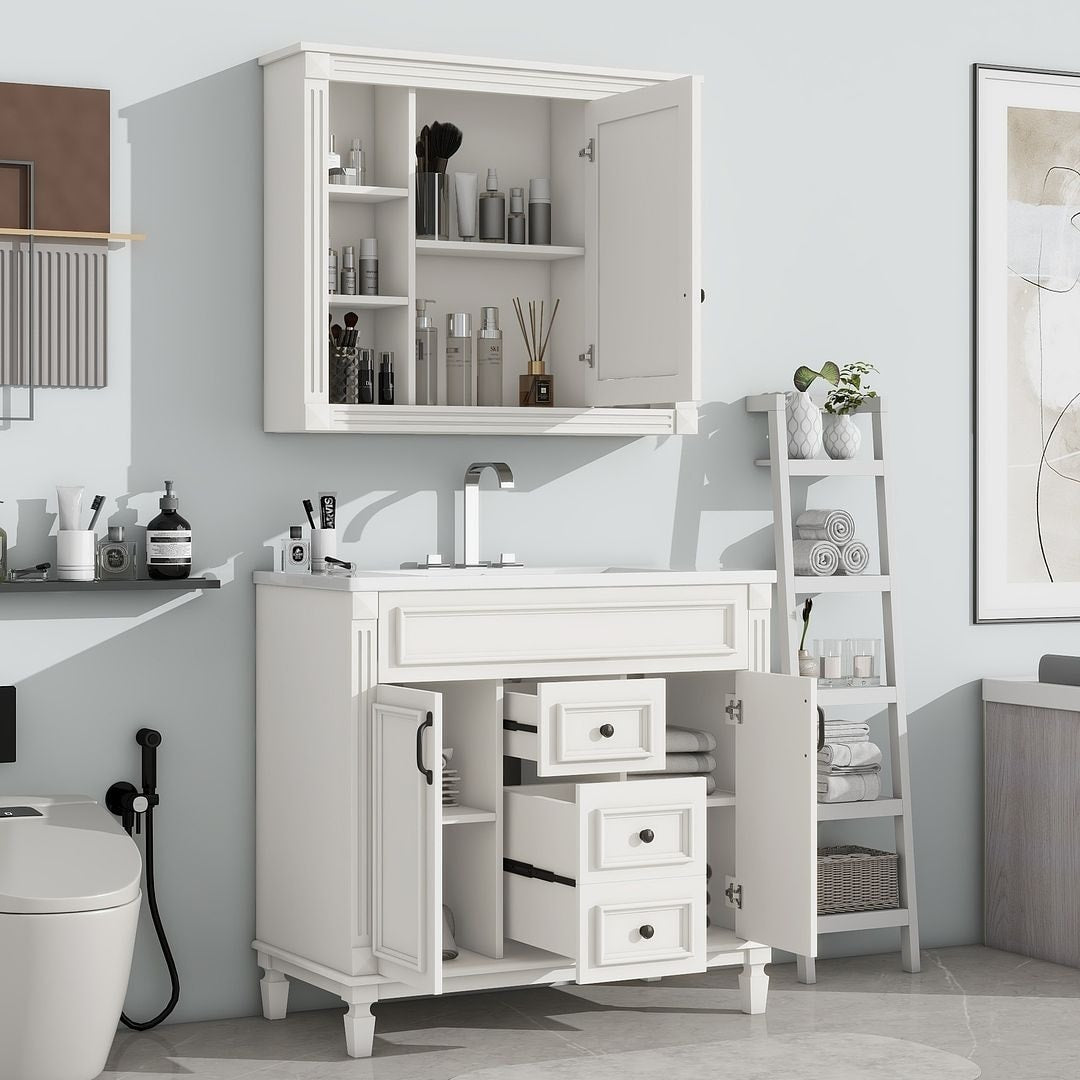 Meuble-lavabo de salle de bain moderne de 91 cm avec lavabo et armoire de toilette, 2 portes et 2 tiroirs