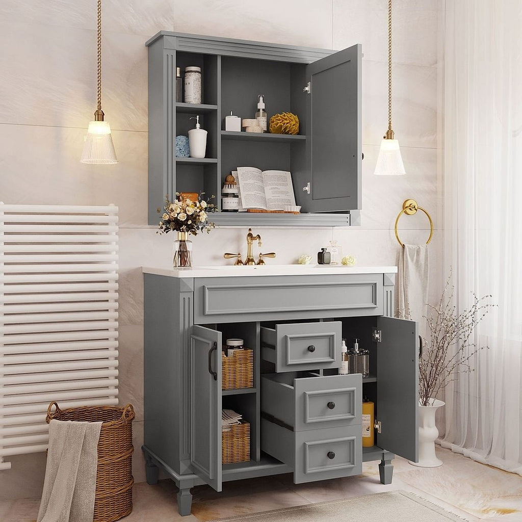 Meuble-lavabo de salle de bain moderne de 91 cm avec lavabo et armoire de toilette, 2 portes et 2 tiroirs