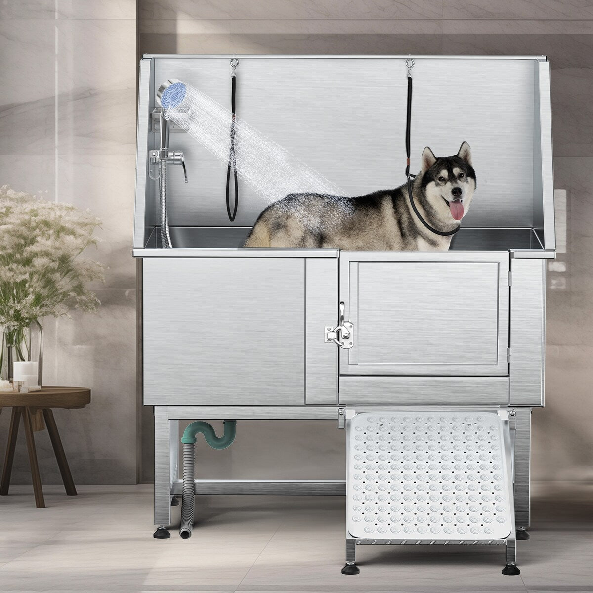 Baignoire de toilettage pour animaux de compagnie de 50 pouces de largeur en acier inoxydable avec rampe d'accès