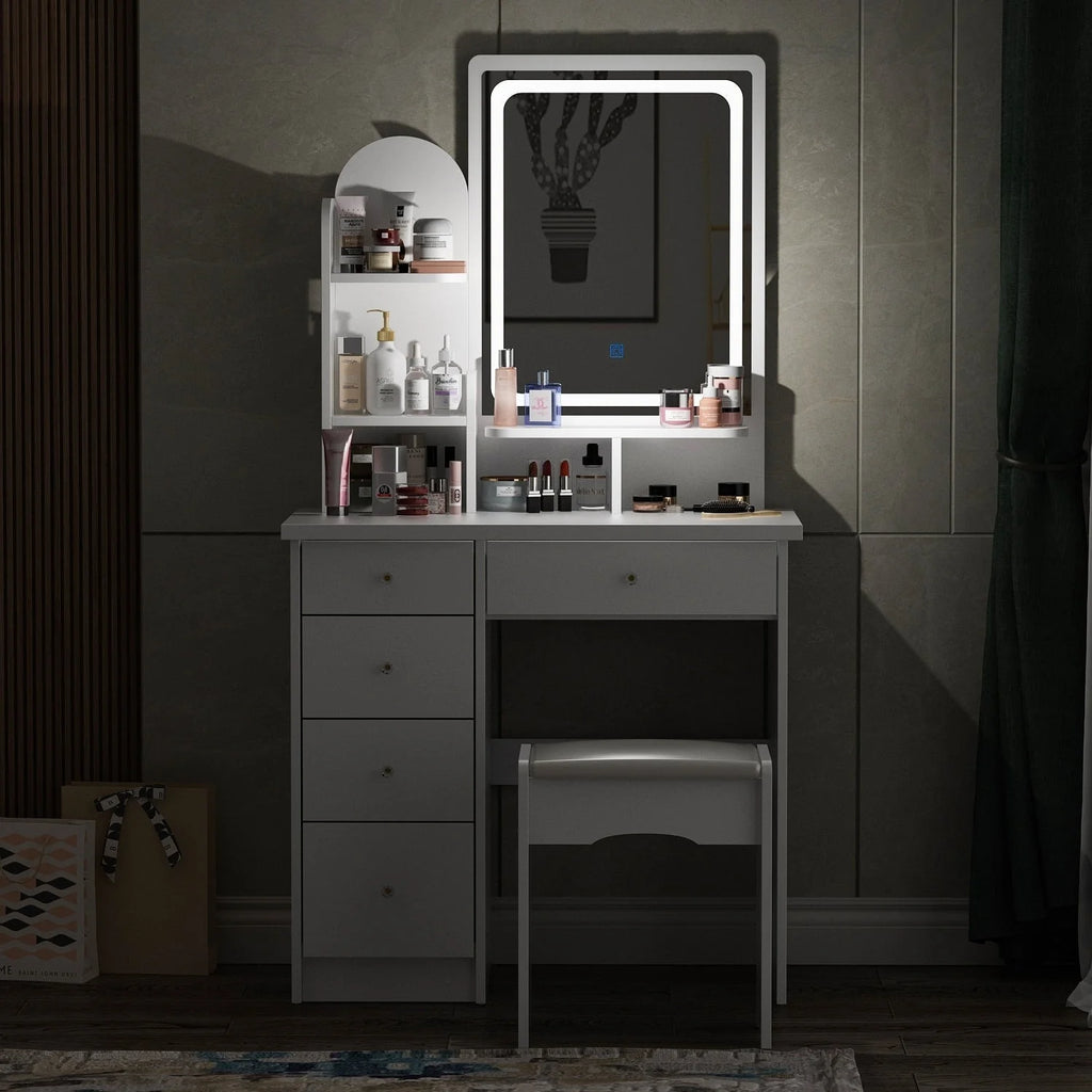 Table de Coiffeuse avec Miroir et Tabouret avec Lumières LED