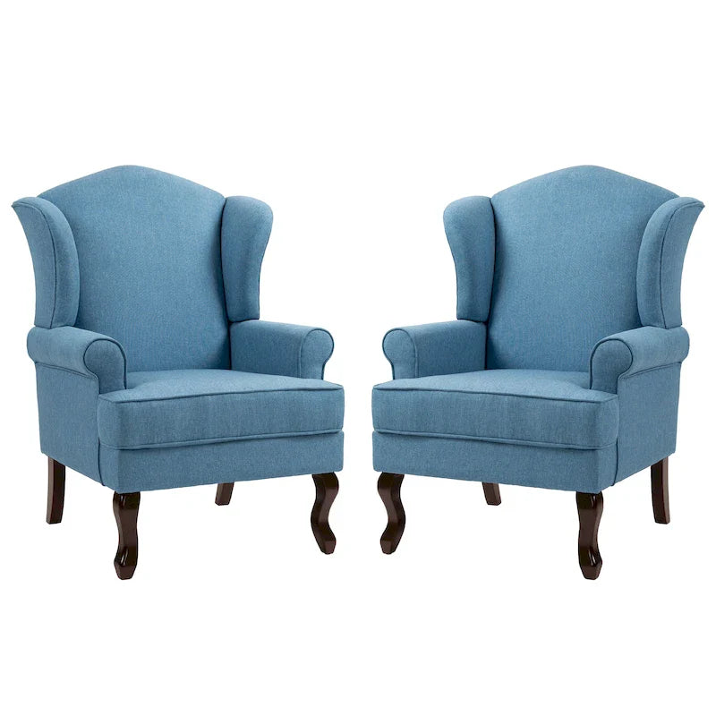 2 fauteuils d'appoint à dossier haut traditionnels, revêtus de tissu