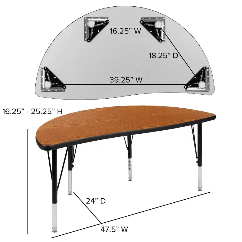 Flash Furniture Table d'activités collaborative flexible en stratifié thermique demi-cercle de 47,5 po – Pieds courts réglables en hauteur