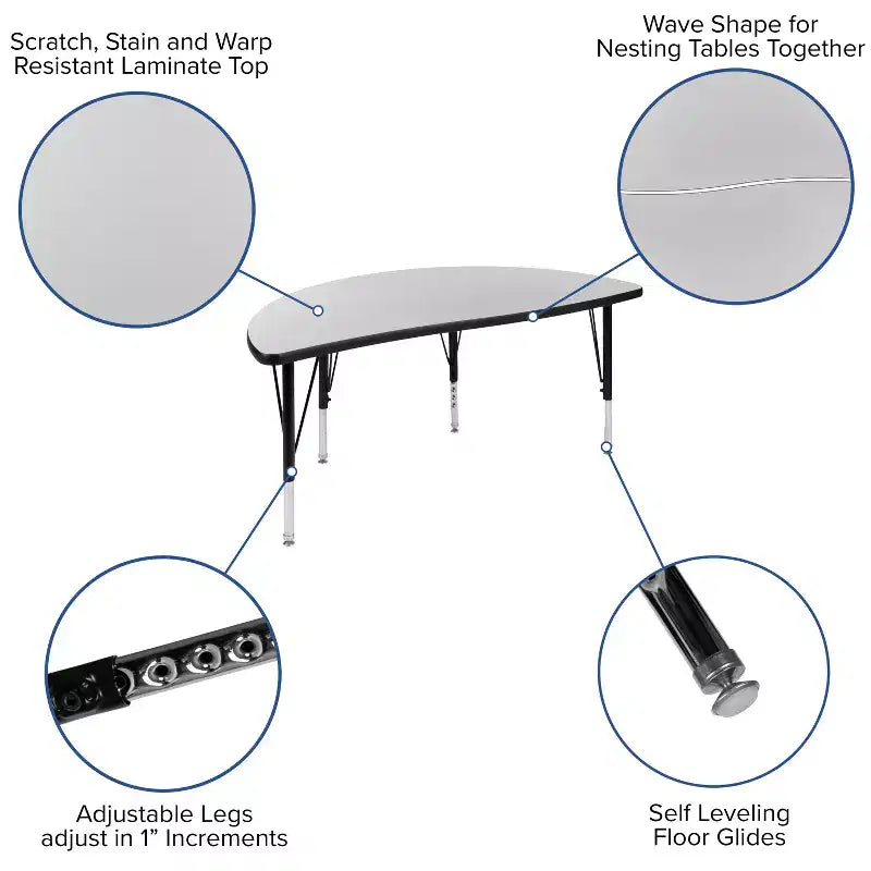 Flash Furniture Table d'activités collaborative flexible en stratifié thermique demi-cercle de 47,5 po – Pieds courts réglables en hauteur