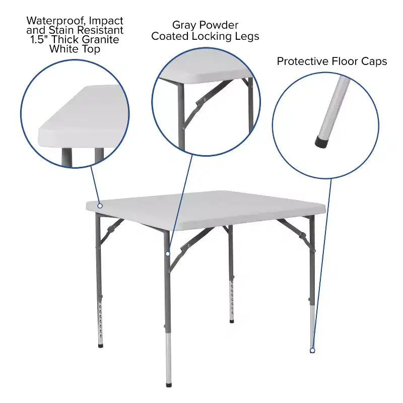 Table pliante carrée en plastique blanc effet granit, réglable en hauteur, de 85 cm, par Emma and Oliver