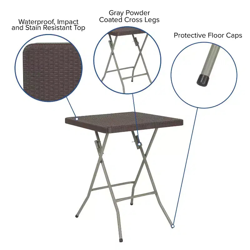 Table pliante carrée en plastique imitation rotin marron Emma et Oliver de 59 cm – Table d'extérieur pour événements