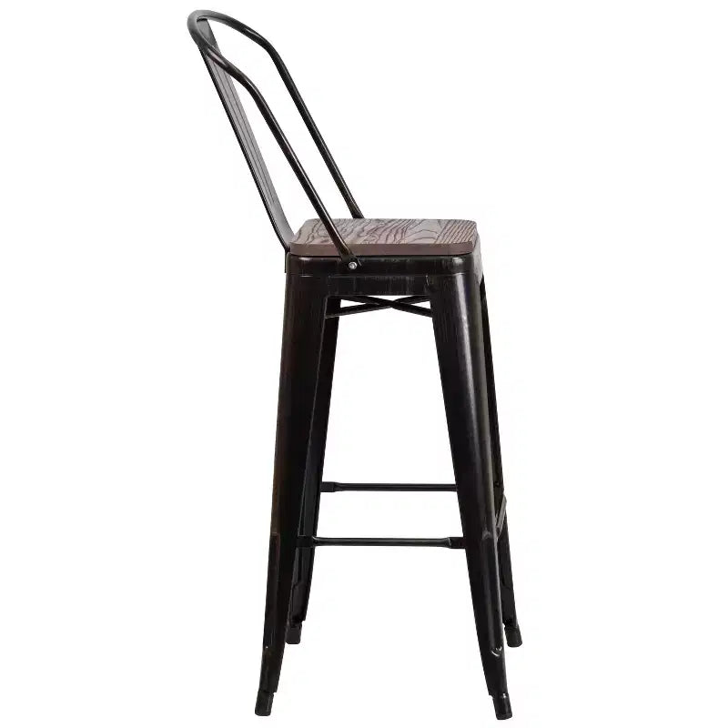 Tabouret de bar Emma et Oliver 30H en métal avec dossier et assise carrée en bois