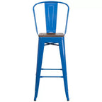 Tabouret de bar Emma et Oliver 30H en métal avec dossier et assise carrée en bois
