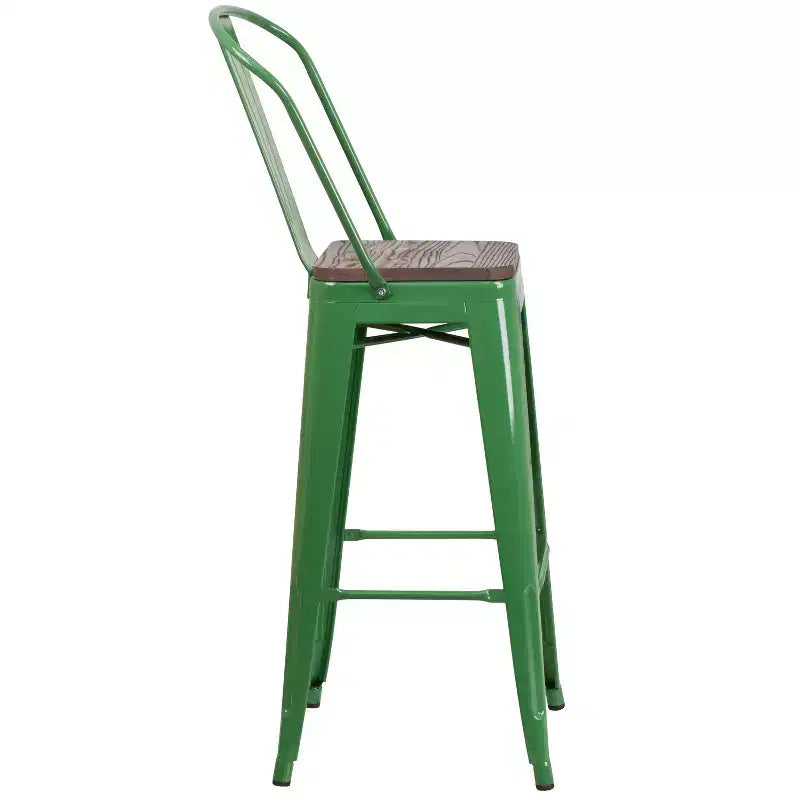 Tabouret de bar Emma et Oliver 30H en métal avec dossier et assise carrée en bois