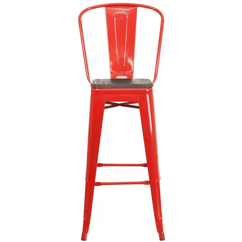 Tabouret de bar Emma et Oliver 30H en métal avec dossier et assise carrée en bois