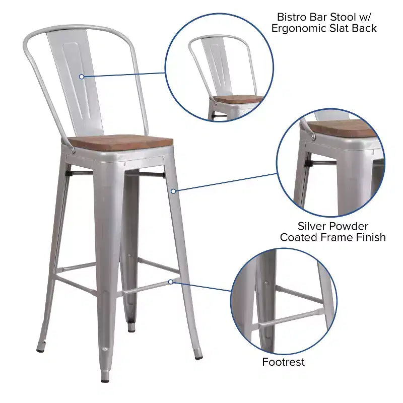 Tabouret de bar Emma et Oliver 30H en métal avec dossier et assise carrée en bois