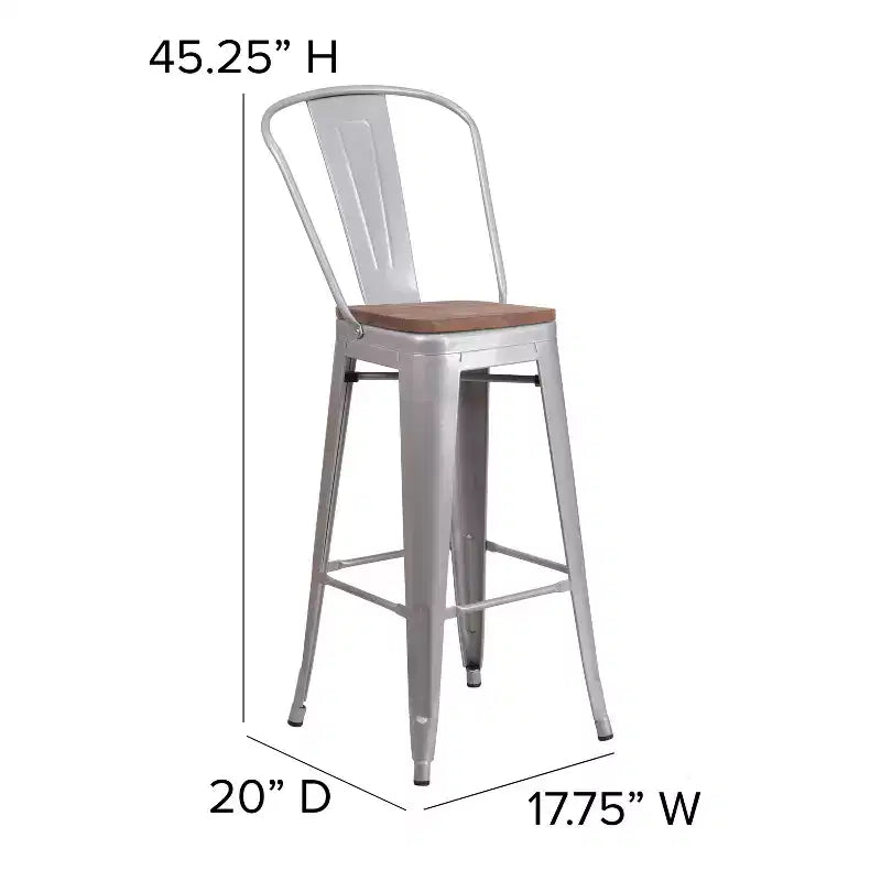 Tabouret de bar Emma et Oliver 30H en métal avec dossier et assise carrée en bois