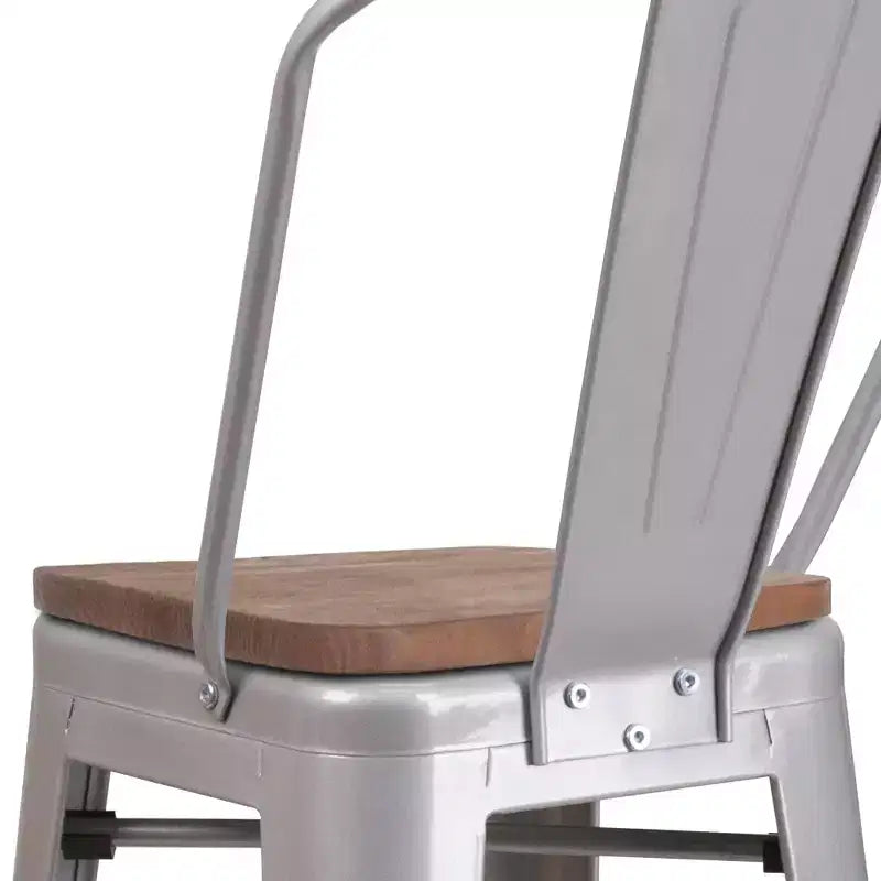 Tabouret de bar Emma et Oliver 30H en métal avec dossier et assise carrée en bois