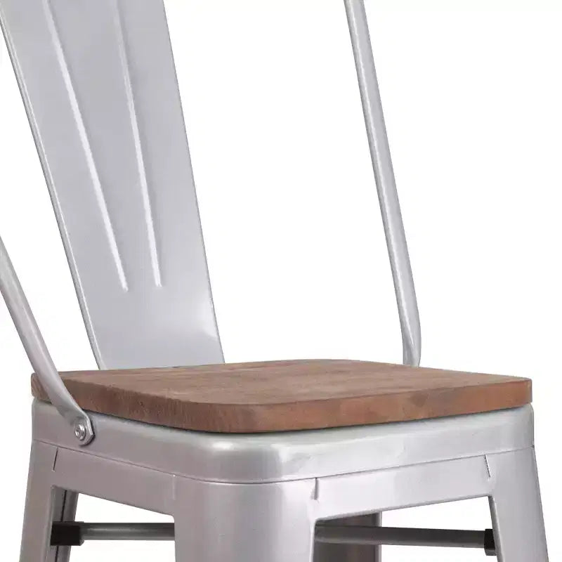 Tabouret de bar Emma et Oliver 30H en métal avec dossier et assise carrée en bois