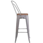 Tabouret de bar Emma et Oliver 30H en métal avec dossier et assise carrée en bois