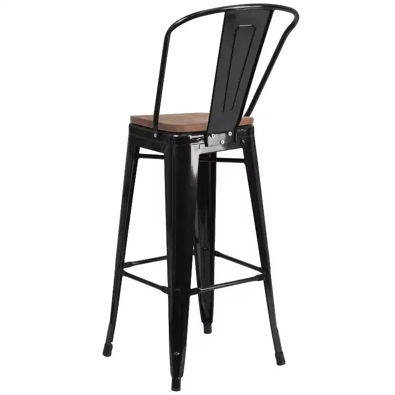 Tabouret de bar Emma et Oliver 30H en métal avec dossier et assise carrée en bois