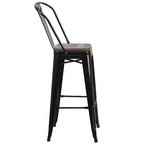 Tabouret de bar Emma et Oliver 30H en métal avec dossier et assise carrée en bois