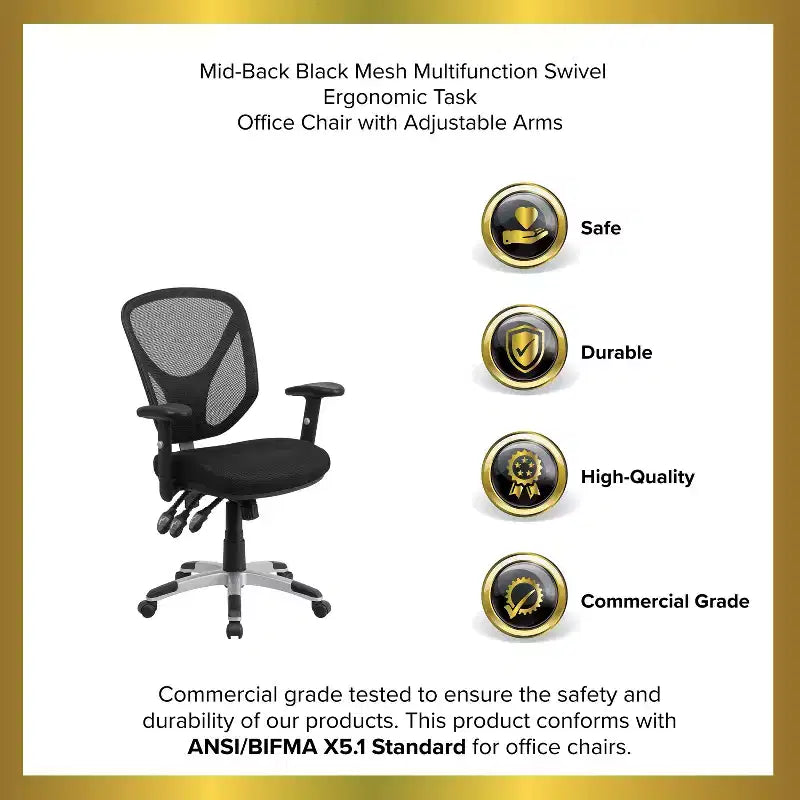 Emma et Oliver Chaise de bureau ergonomique multifonction pivotante en maille noire à dossier moyen – Accoudoirs