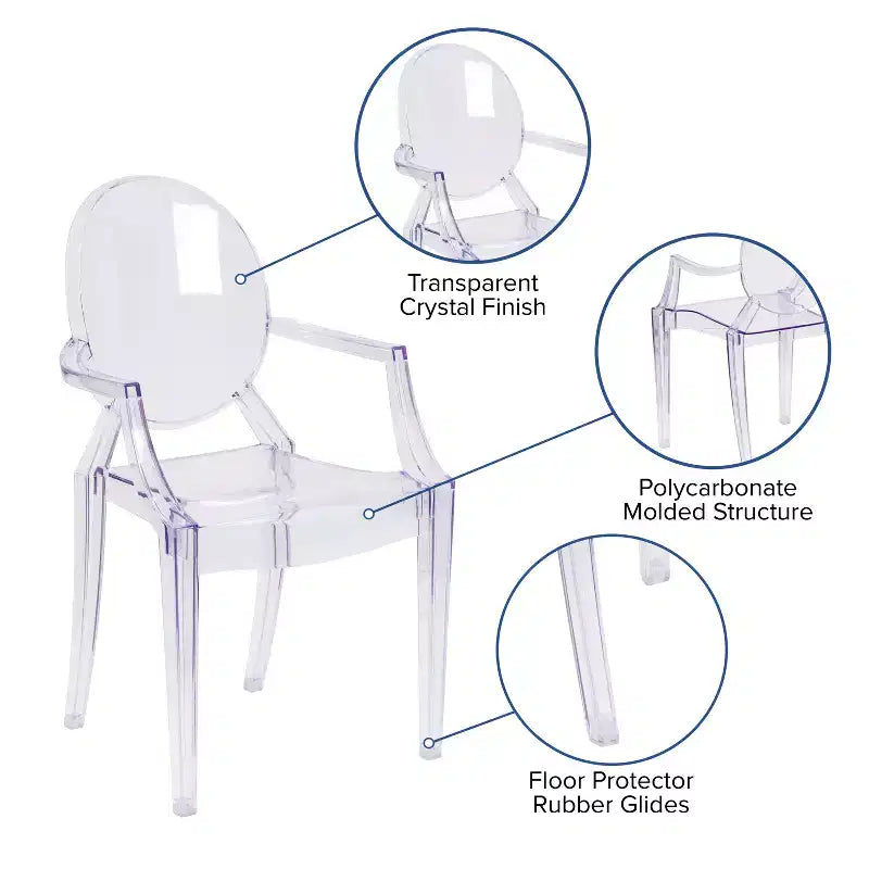 Chaise Ghost Emma et Oliver à dossier ovale avec accoudoirs en cristal transparent