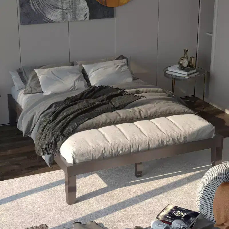 Cadre de lit en bois Costway Queen Size 14 po avec plate-forme à matelas et lattes de support en bois EspressoNaturel