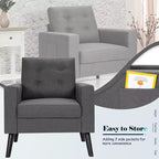 Costway Fauteuil d'appoint capitonné moderne en tissu, canapé simple avec pieds en bois d'hévéa Bleu/Beige/Gris