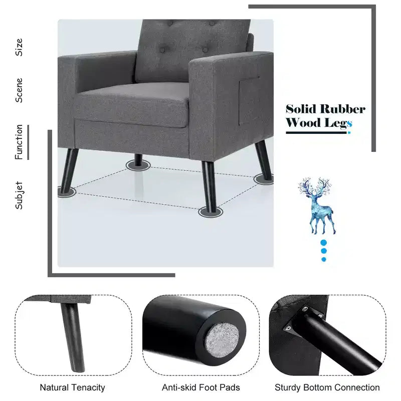 Costway Fauteuil d'appoint capitonné moderne en tissu, canapé simple avec pieds en bois d'hévéa Bleu/Beige/Gris
