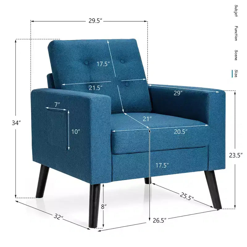 Costway Fauteuil d'appoint capitonné moderne en tissu, canapé simple avec pieds en bois d'hévéa Bleu/Beige/Gris