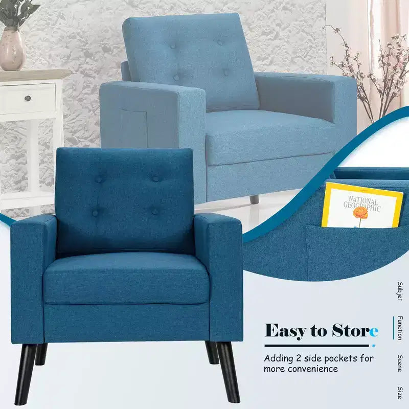Costway Fauteuil d'appoint capitonné moderne en tissu, canapé simple avec pieds en bois d'hévéa Bleu/Beige/Gris