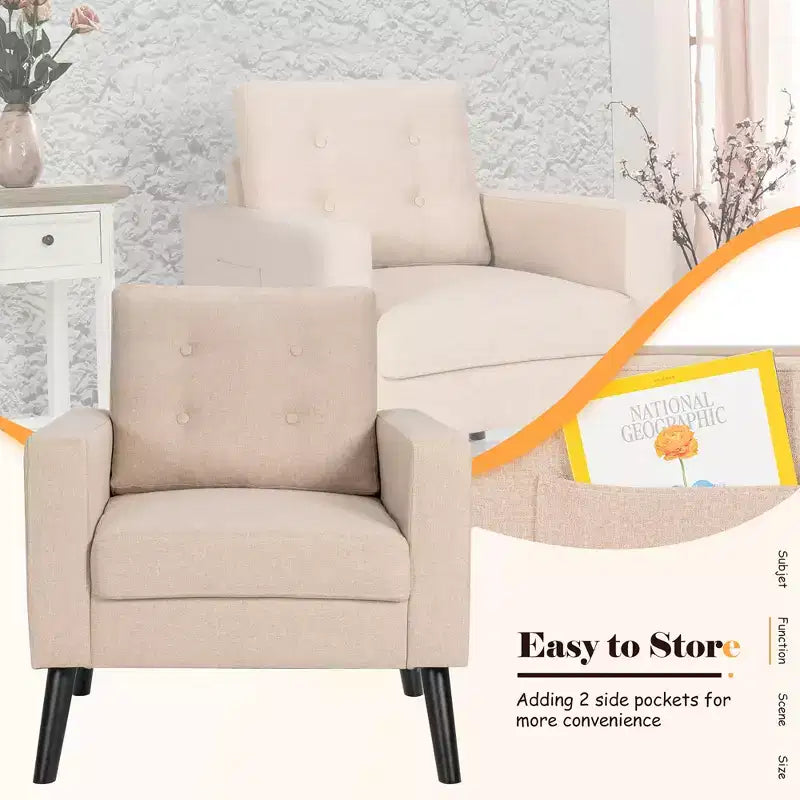 Costway Fauteuil d'appoint capitonné moderne en tissu, canapé simple avec pieds en bois d'hévéa Bleu/Beige/Gris