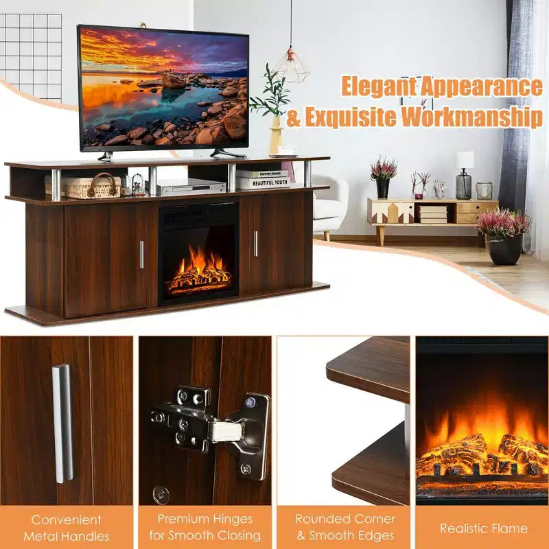 Meuble TV avec cheminée électrique Costway 63 po avec foyer électrique de 18 po 1500W pour téléviseurs jusqu'à 70 po Noyer