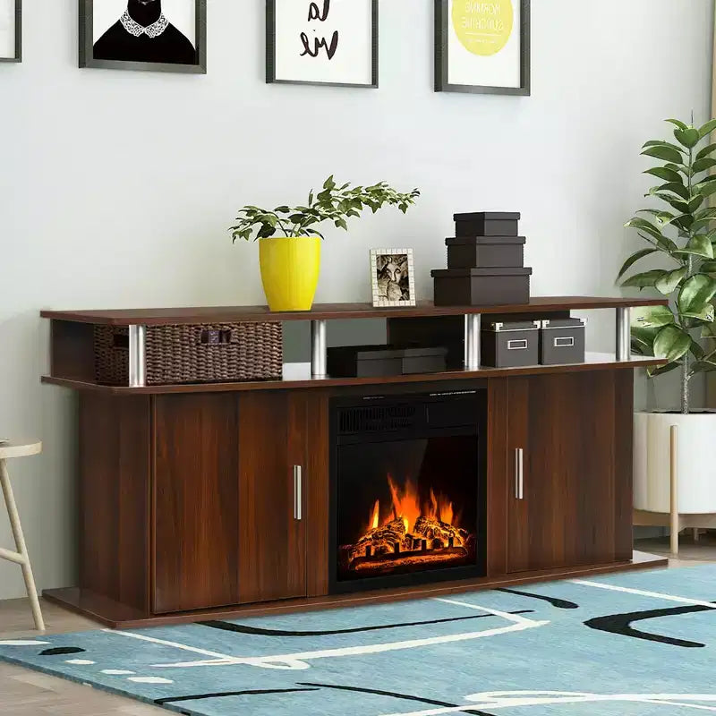 Meuble TV avec cheminée électrique Costway 63 po avec foyer électrique de 18 po 1500W pour téléviseurs jusqu'à 70 po Noyer