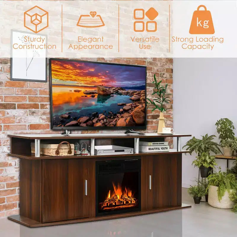 Meuble TV avec cheminée électrique Costway 63 po avec foyer électrique de 18 po 1500W pour téléviseurs jusqu'à 70 po Noyer