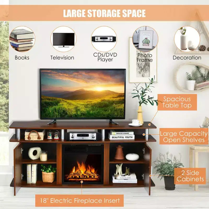 Meuble TV avec cheminée électrique Costway 63 po avec foyer électrique de 18 po 1500W pour téléviseurs jusqu'à 70 po Noyer