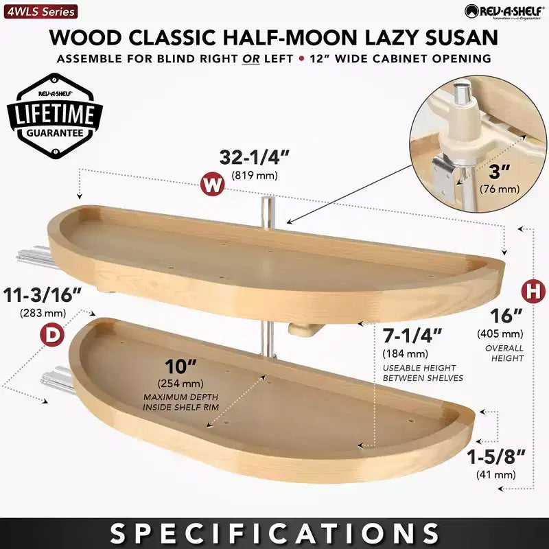 Rev-A-Shelf 4WLS882-32-570 Plateau tournant demi-lune en bois à 2 étagères de 81 cm pour armoires de coin aveugle