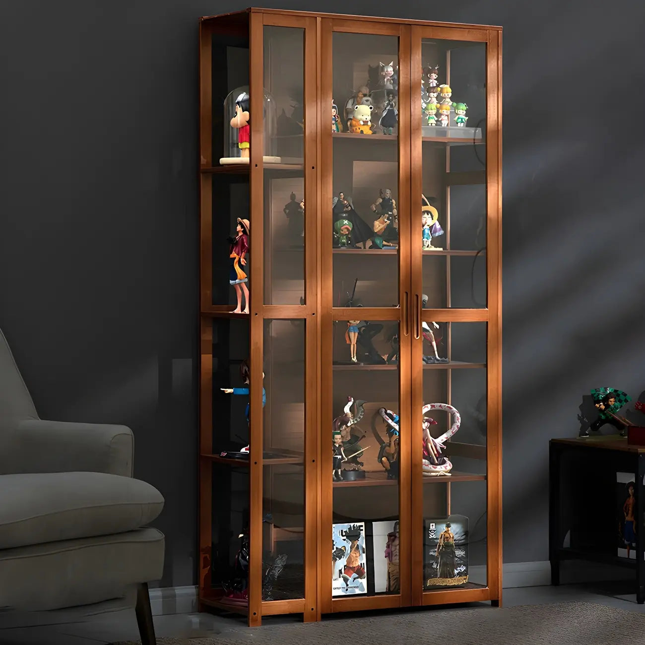 Vitrine de présentation ouverte en bambou et verre, 7 étagères, couleur beige