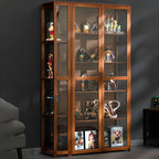Vitrine de présentation ouverte en bambou et verre, 7 étagères, couleur beige