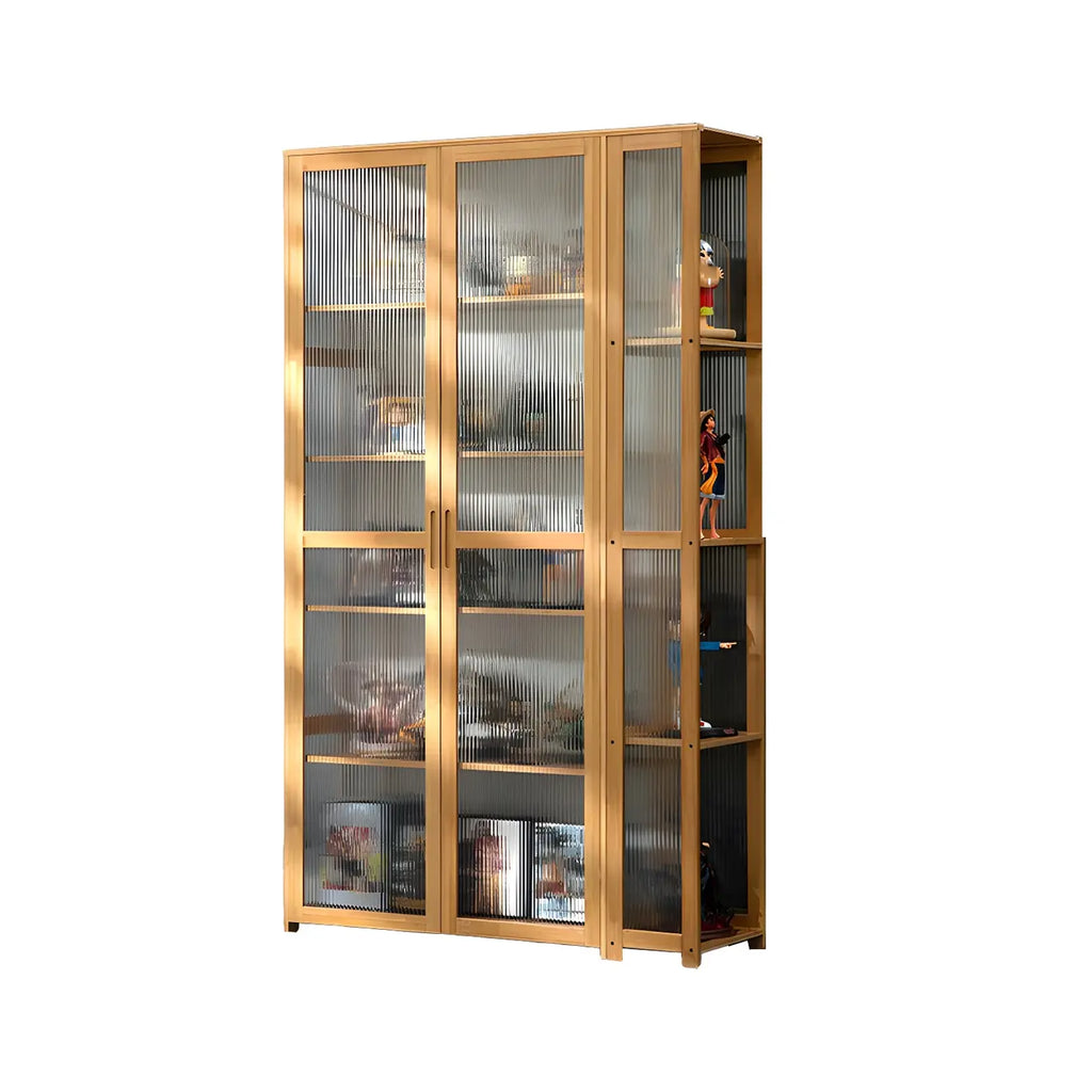Vitrine de présentation ouverte en bambou et verre, 7 étagères, couleur beige