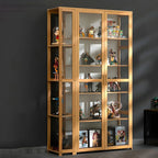 Vitrine de présentation ouverte en bambou et verre, 7 étagères, couleur beige