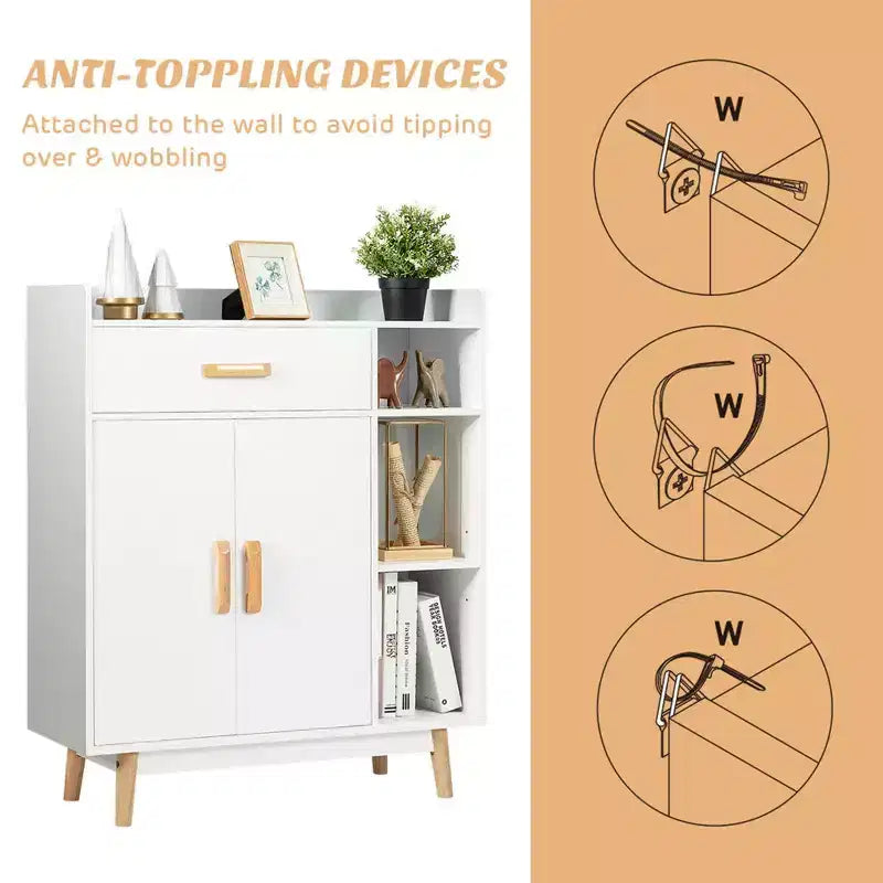Meuble de Rangement au Sol Costway Commode Armoire Autonome avec 1 Tiroir 2 Portes 3 Étagères