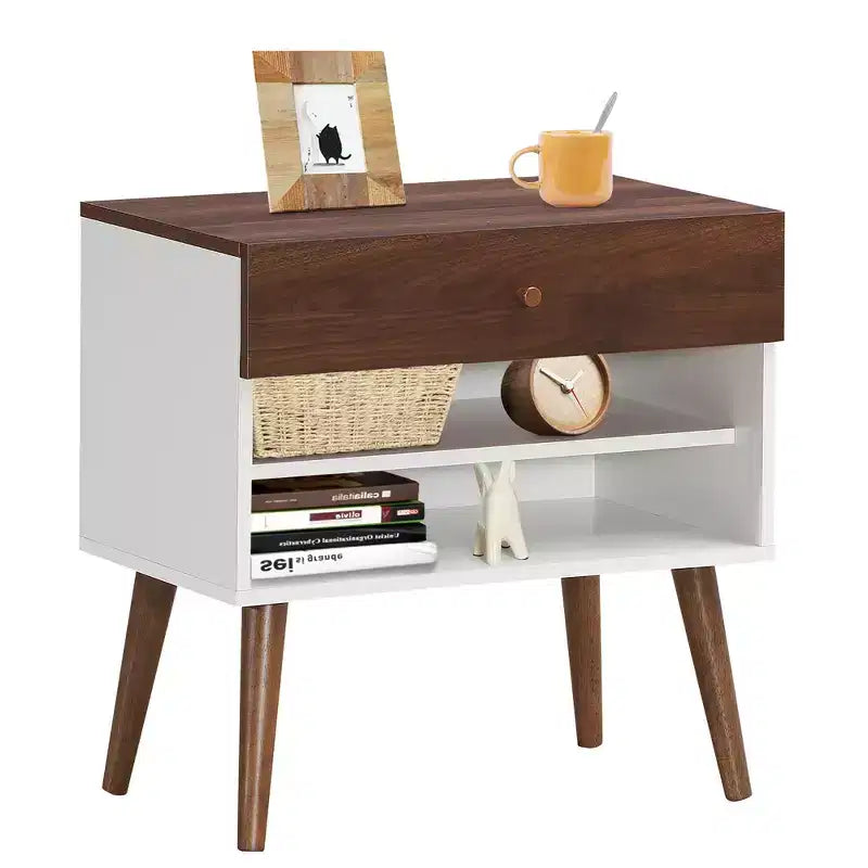Costway Lot de 2 tables de chevet avec tiroir de rangement et pieds en bois d'hévéa, style scandinave