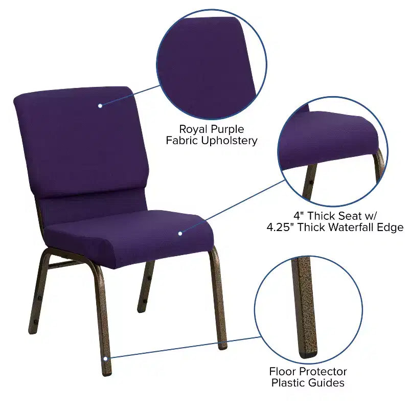 Chaise d'auditorium empilable Emma et Oliver avec 19 sièges – Tissu violet royal/cadre à nervures dorées