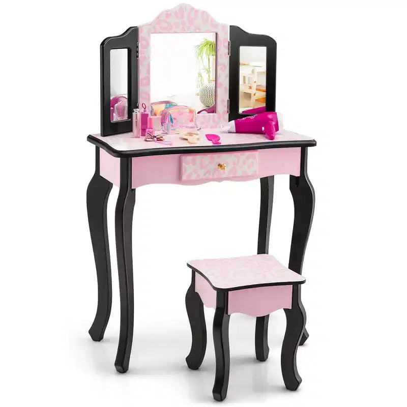 Costway Coiffeuse pour enfant avec tabouret, miroir triptyque et imprimé léopard rose