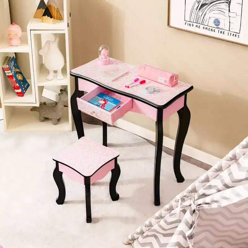 Costway Coiffeuse pour enfant avec tabouret, miroir triptyque et imprimé léopard rose